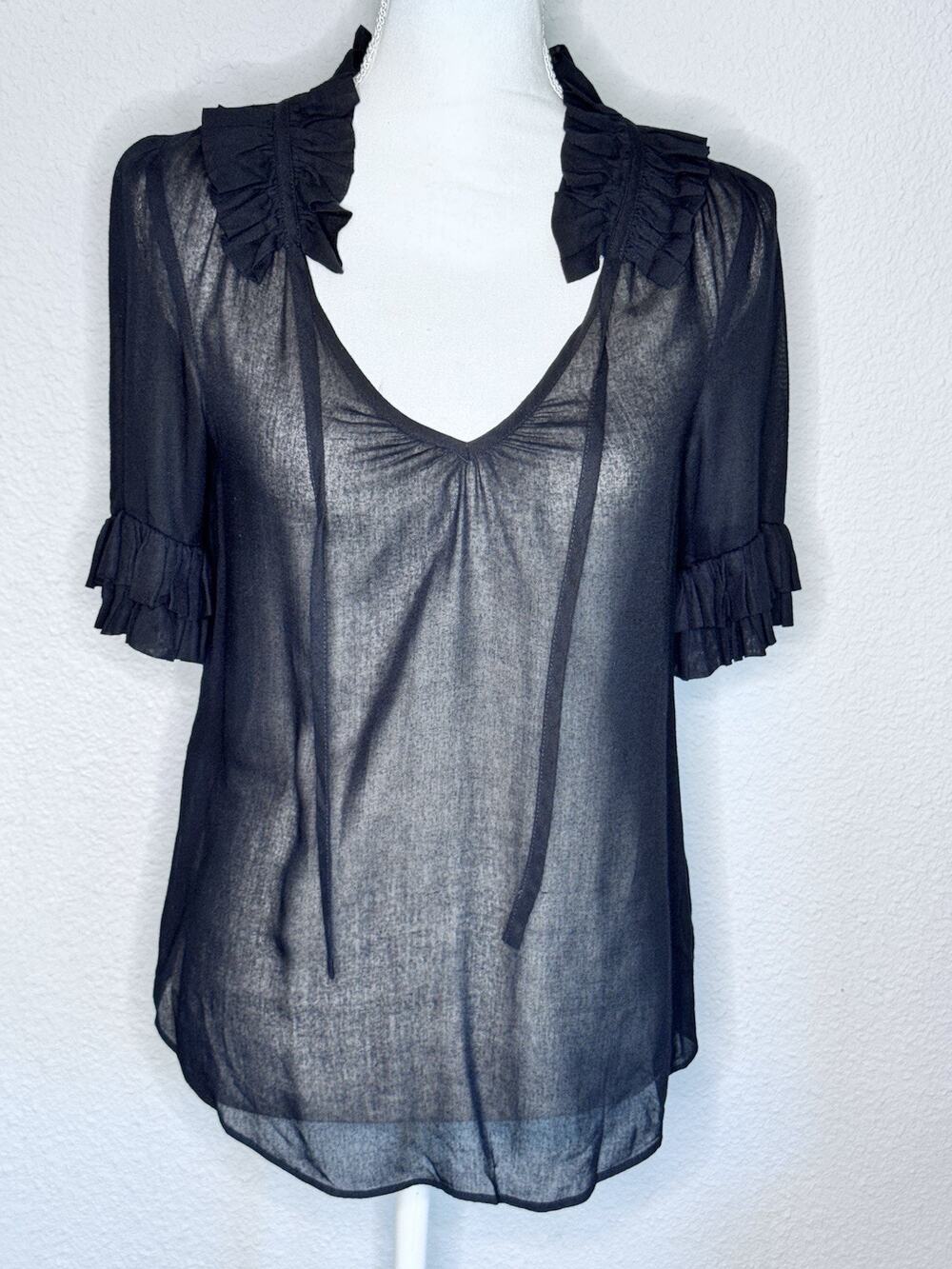Odille Anthro Bianca Blouse Sheer Tie Neck Ruffle Trim And Sleeves Black SZ 0